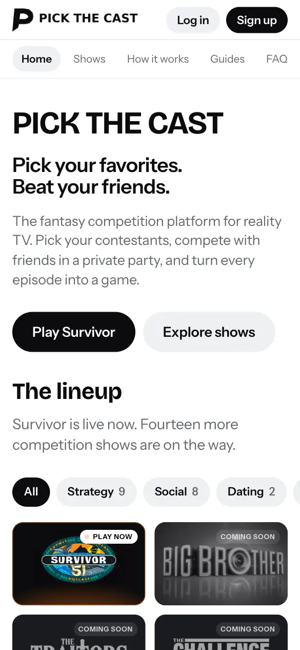 Pick the Cast website — mobile view