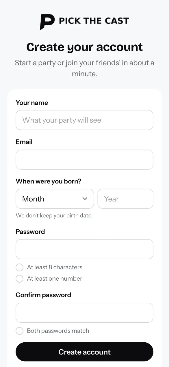 Pick the Cast — Sign up on a phone