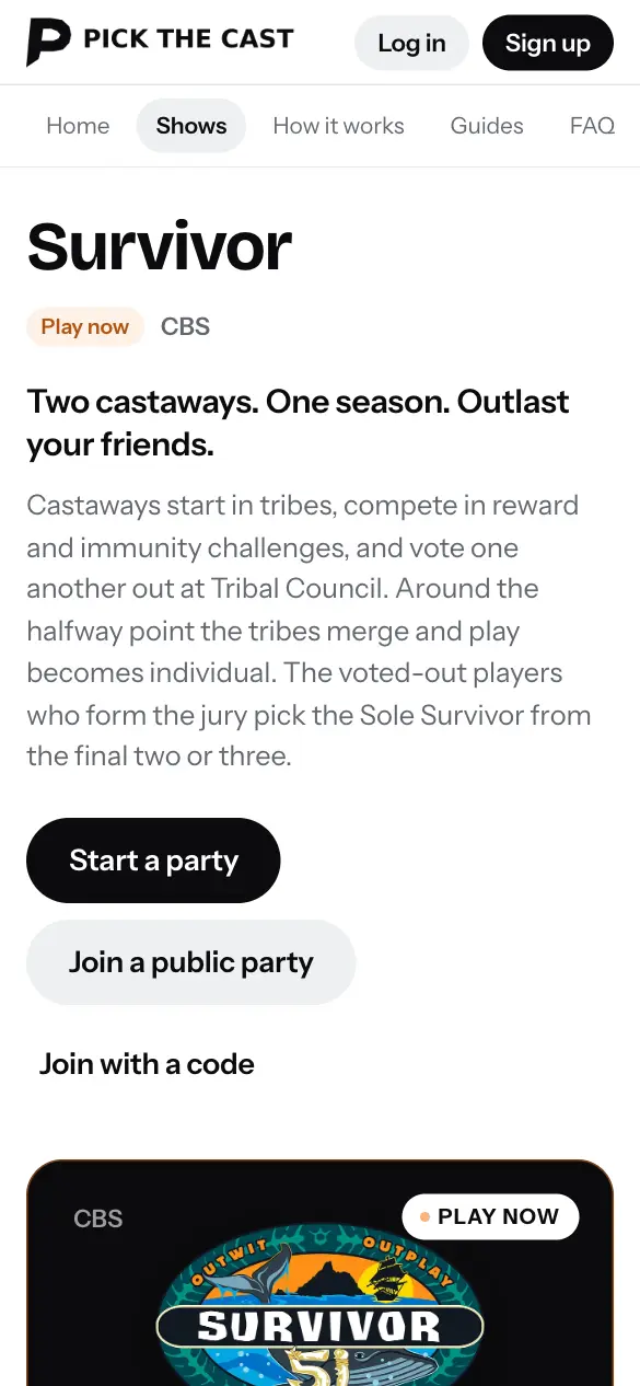 Pick the Cast — Show page on a phone
